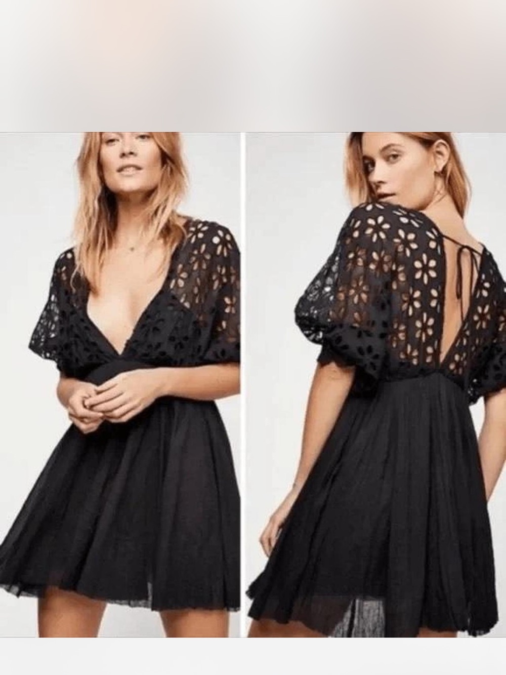 Free People Black Eyelet Flutter Mini Dress